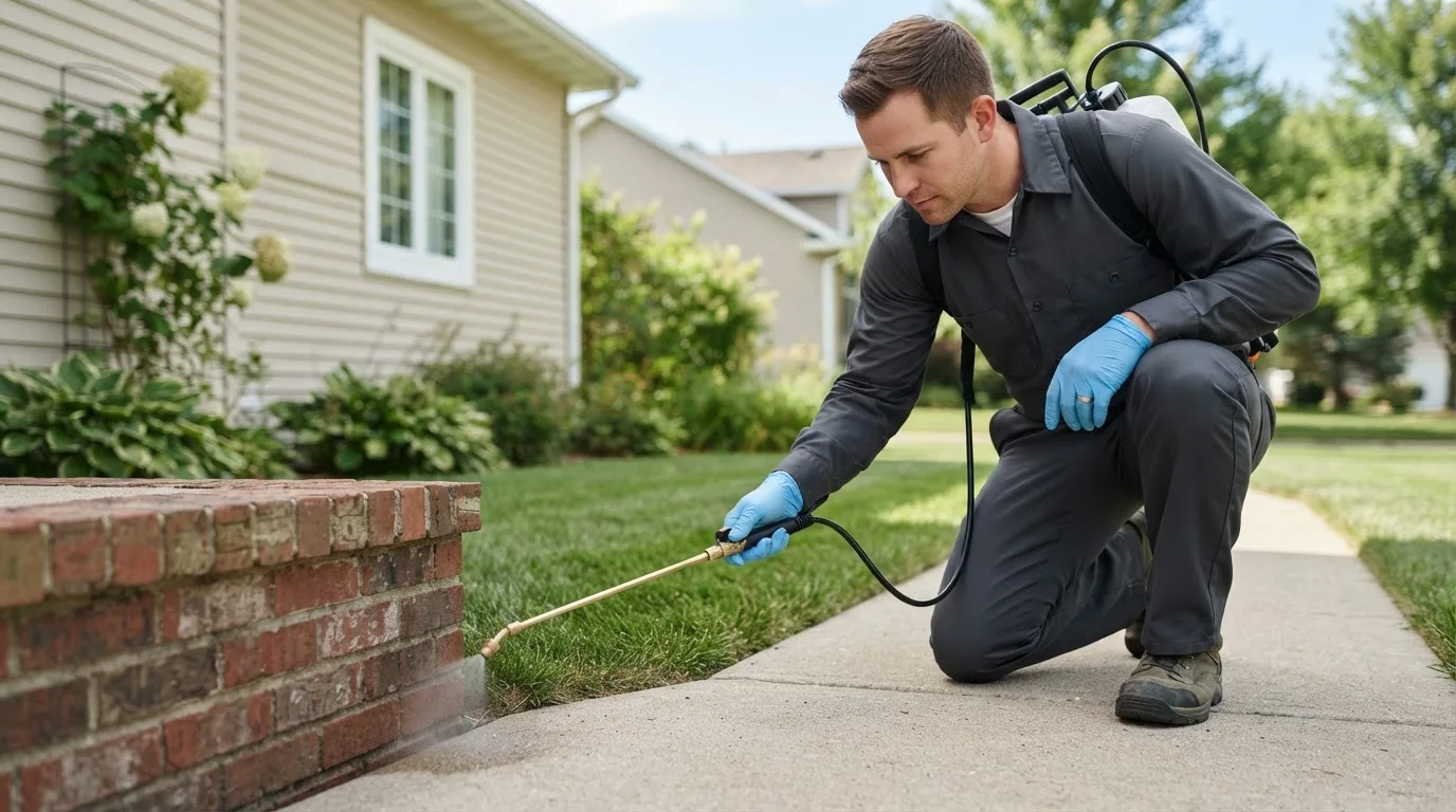 Pest control technician treating a home near Marion, IA